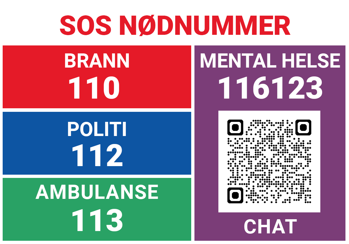 Sikkerhetsmagnet med Norges nødnumre og mental helsehjelp